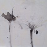 To hvide blomster, tusch og grafit på lærred 50 x 60, 3.200kr
